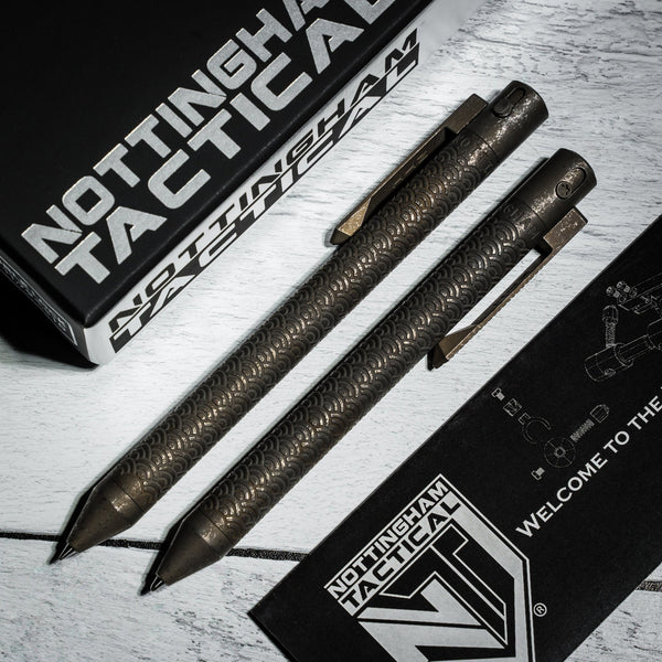 Nottingham Tactical x URBAN TiButton Single Lock Pen - Battle Ground Two - Tone Ti Seigaiha w/ Milled Seigaiha Clip - URBAN EDC®