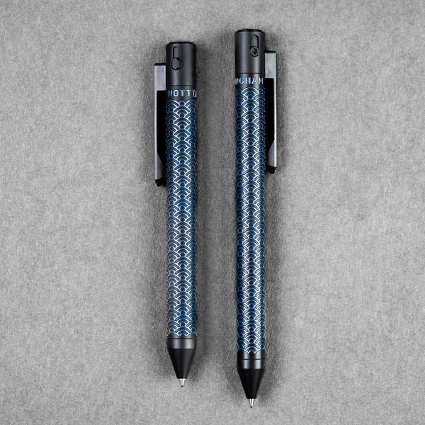 Nottingham Tactical x URBAN TiButton Single Lock Pen - Two - Tone Black Ti Cerakote & Blue Seigaiha w/ Milled Seigaiha Clip - URBAN EDC®