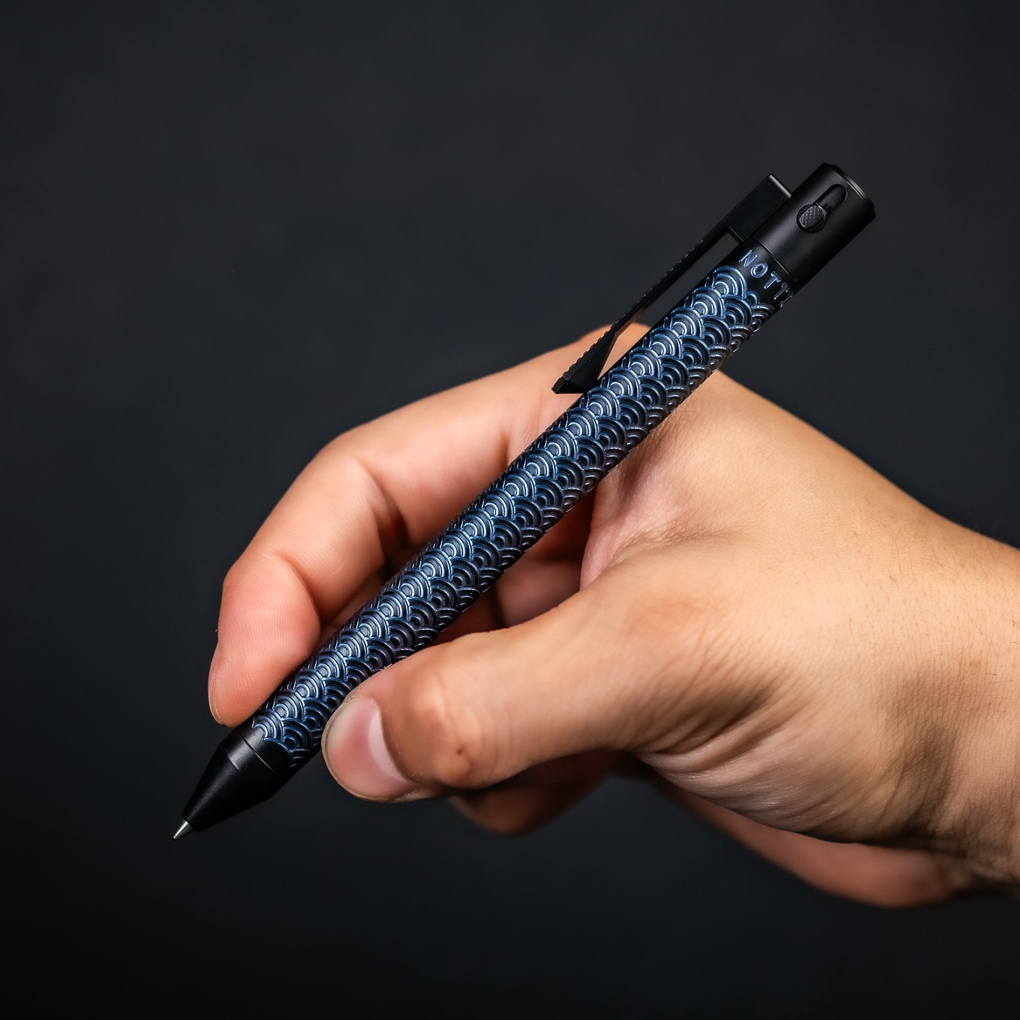 Nottingham Tactical x URBAN TiButton Single Lock Pen - Two - Tone Black Ti Cerakote & Blue Seigaiha w/ Milled Seigaiha Clip - URBAN EDC®