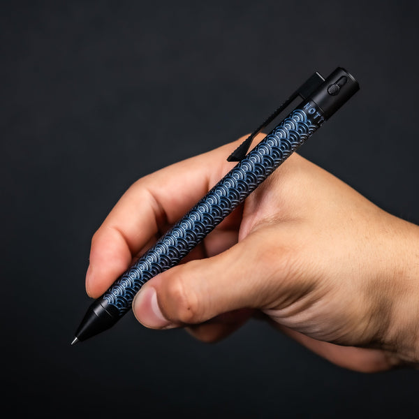 Nottingham Tactical x URBAN TiButton Single Lock Pen - Two - Tone Black Ti Cerakote & Blue Seigaiha w/ Milled Seigaiha Clip - URBAN EDC®