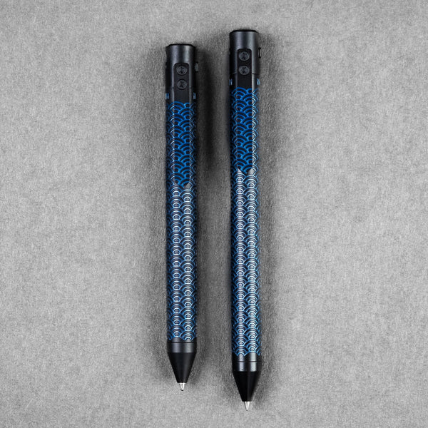 Nottingham Tactical x URBAN TiButton Single Lock Pen - Two - Tone Black Ti Cerakote & Blue Seigaiha w/ Milled Seigaiha Clip - URBAN EDC®
