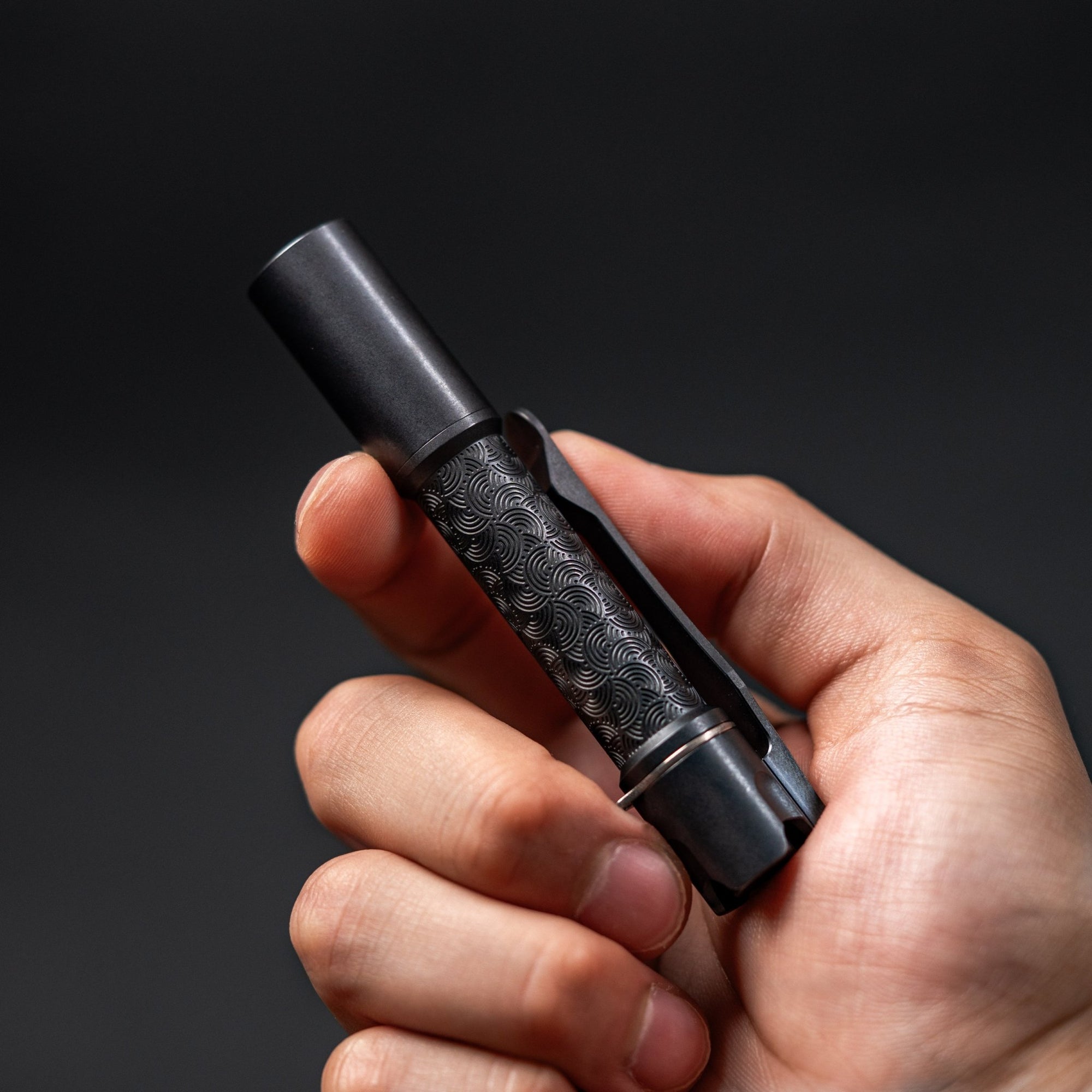 Reylight x URBAN Pineapple Mini Flashlight - Black Oil Ti Chaos Seigaiha™ w/ Milled Ti Clip - URBAN EDC®