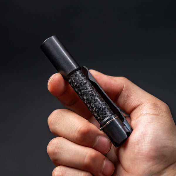 Reylight x URBAN Pineapple Mini Flashlight - Black Oil Ti Chaos Seigaiha™ w/ Milled Ti Clip - URBAN EDC®