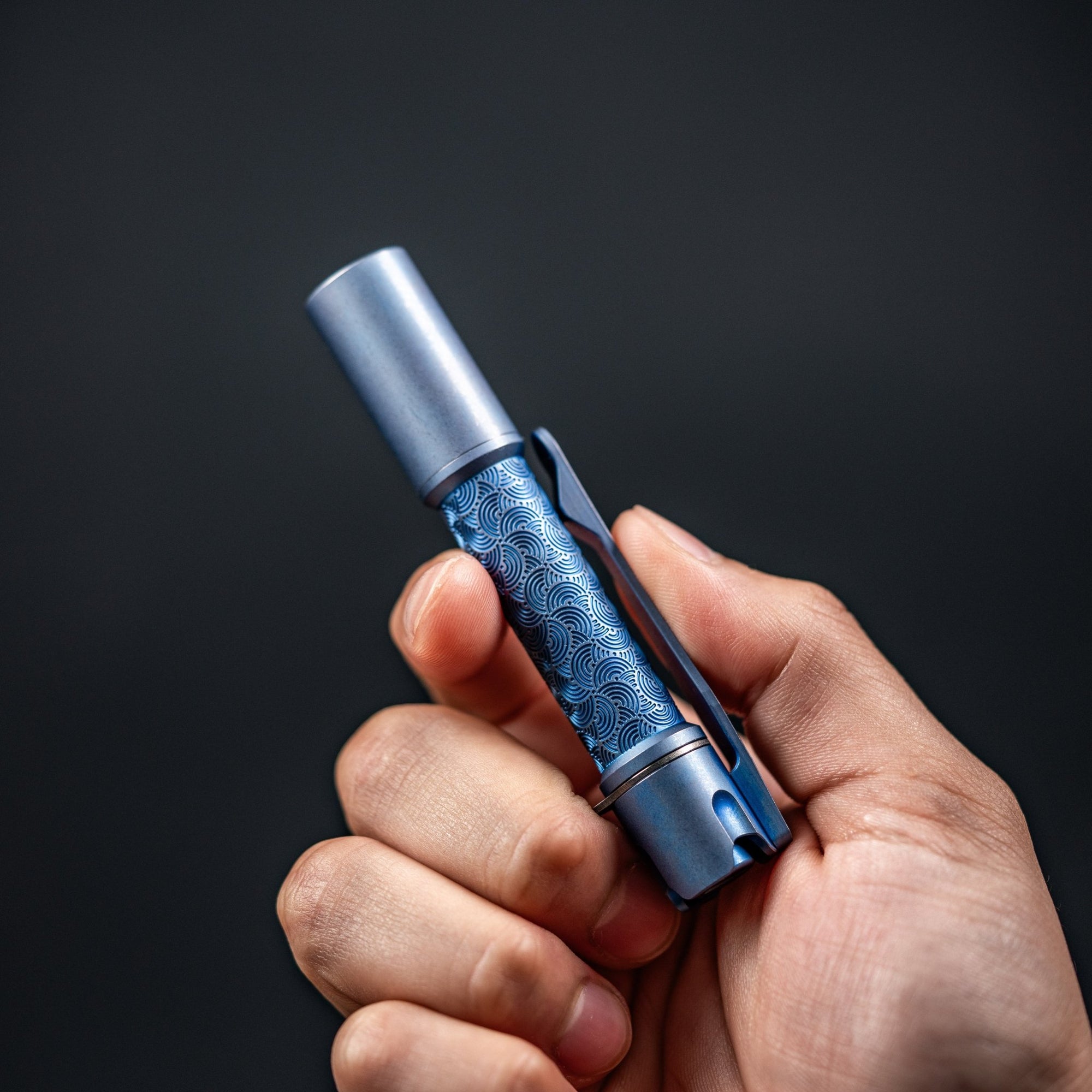 Reylight x URBAN Pineapple Mini Flashlight - Blue Stonewash Ti Chaos Seigaiha™ w/ Milled Ti Clip - URBAN EDC®