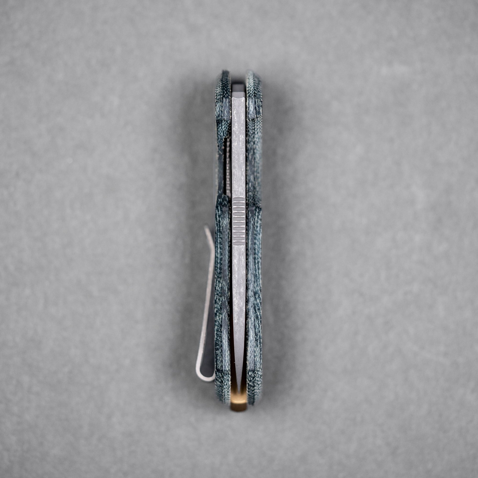 URBAN Jib - Acid-Etched Vanax & Blue Denim Micarta Linerlock w/ Bronze Backspacer - URBAN EDC®