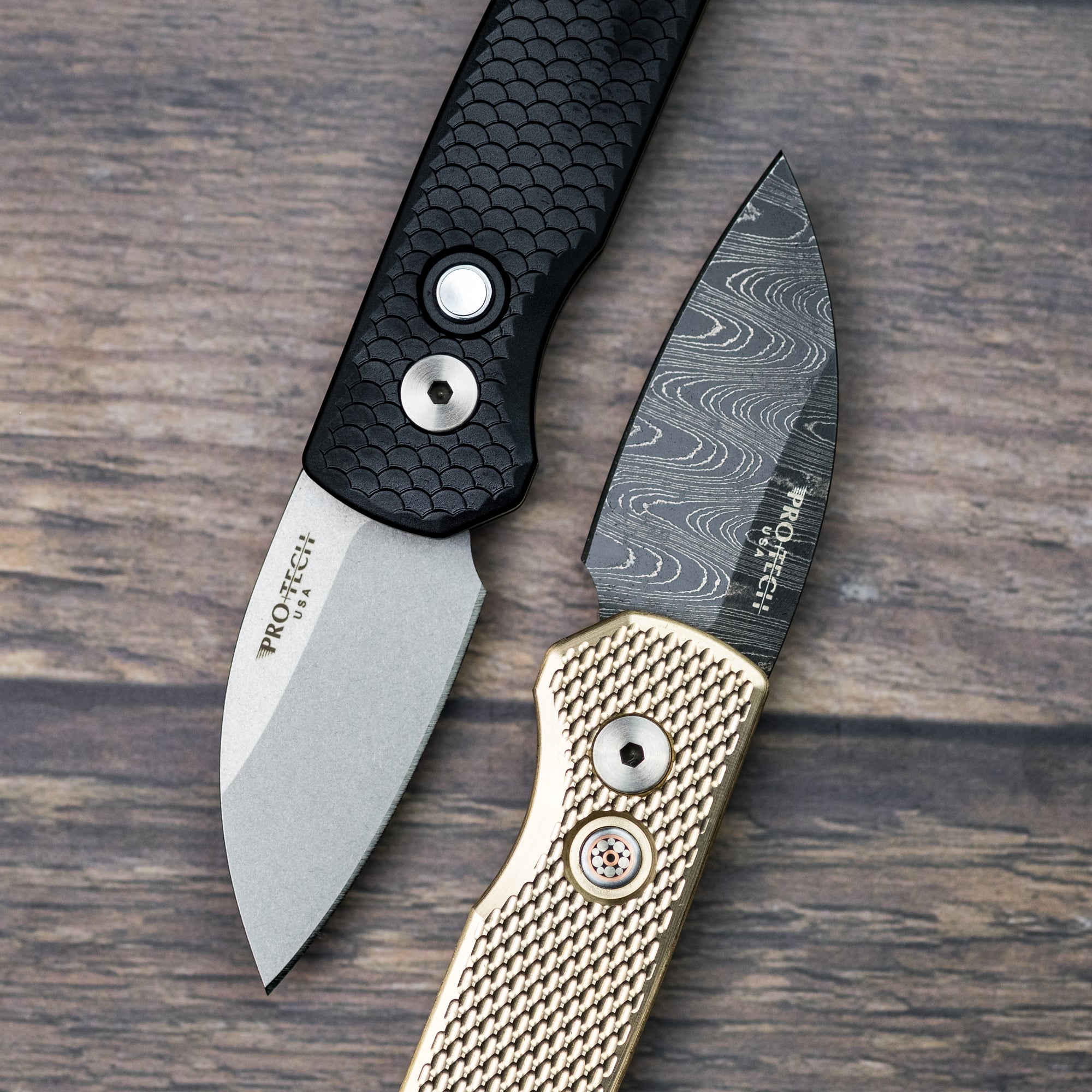 Pro-Tech Runt 5 - Chad Nichols Damascus & Textured Aluminum-Bronze (Limited)