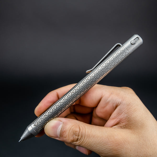 Nottingham Tactical TiButton Single Lock Pen - Titanium w/ Seigaiha Motif (Exclusive)